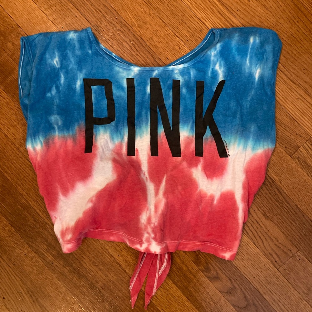 PINK Victoria's Secret Tie-Dye Crop Muscle Tee in Blue, Pink & White